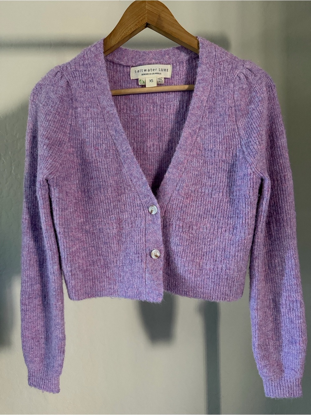 saltwater LUXE Lavender Cropped V-Neck Button Cardigan Eco-Friendly Melange Sz X